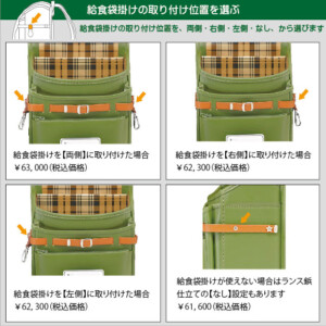 横山ランドセルのM4シリーズの給食袋掛けの位置を説明するオリーブ色のランドセル