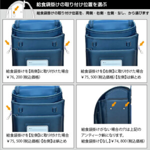 横山ランドセルのｆ3シリーズ黒色の給食袋掛けの位置の説明