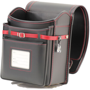 岐阜横山鞄のランドセルです。品番h2bkr-cのセレクトデザインの前段です。黒×赤色の牛革と人工皮革のハイブリッドで手作りされたランドセルです。