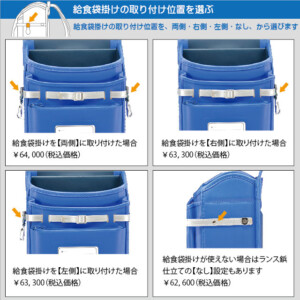 横山ランドセルのＭ3セレクトシリーズの給食袋掛けの位置の説明