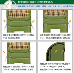 横山ランドセルのＭ4フラットシリーズの給食袋掛けの位置の説明