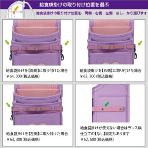 横山ランドセルのＭ5セレクトシリーズの給食袋掛けの位置の説明