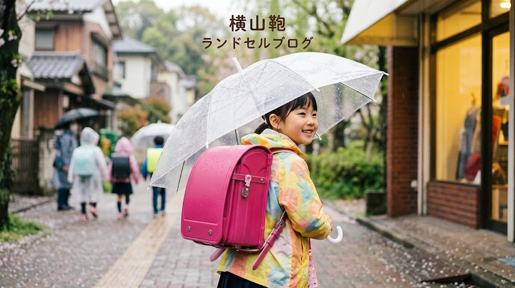 雨の日に傘をさしている赤いランドセルを背負った女の子